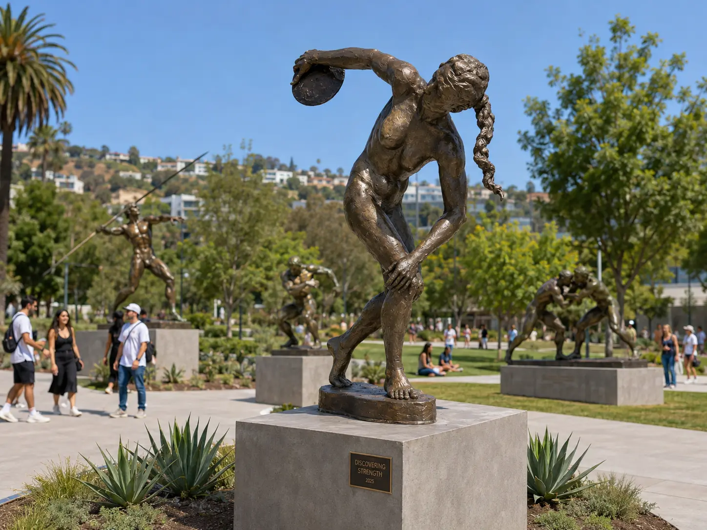 Bronze athletic figures across a green park — concept visualization