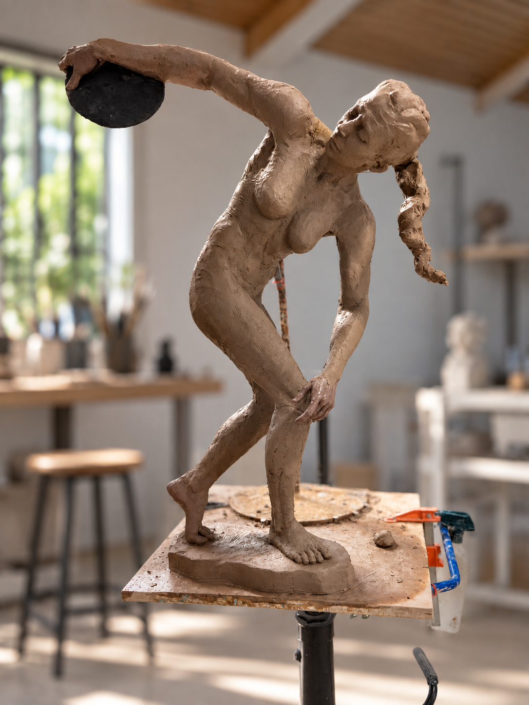 Clay maquette of a discus thrower in the studio