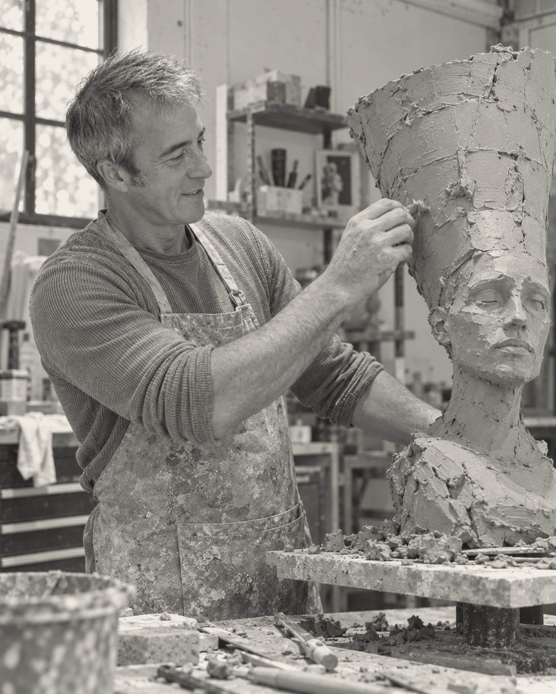 David Cushing sculpting SHUDU in his studio