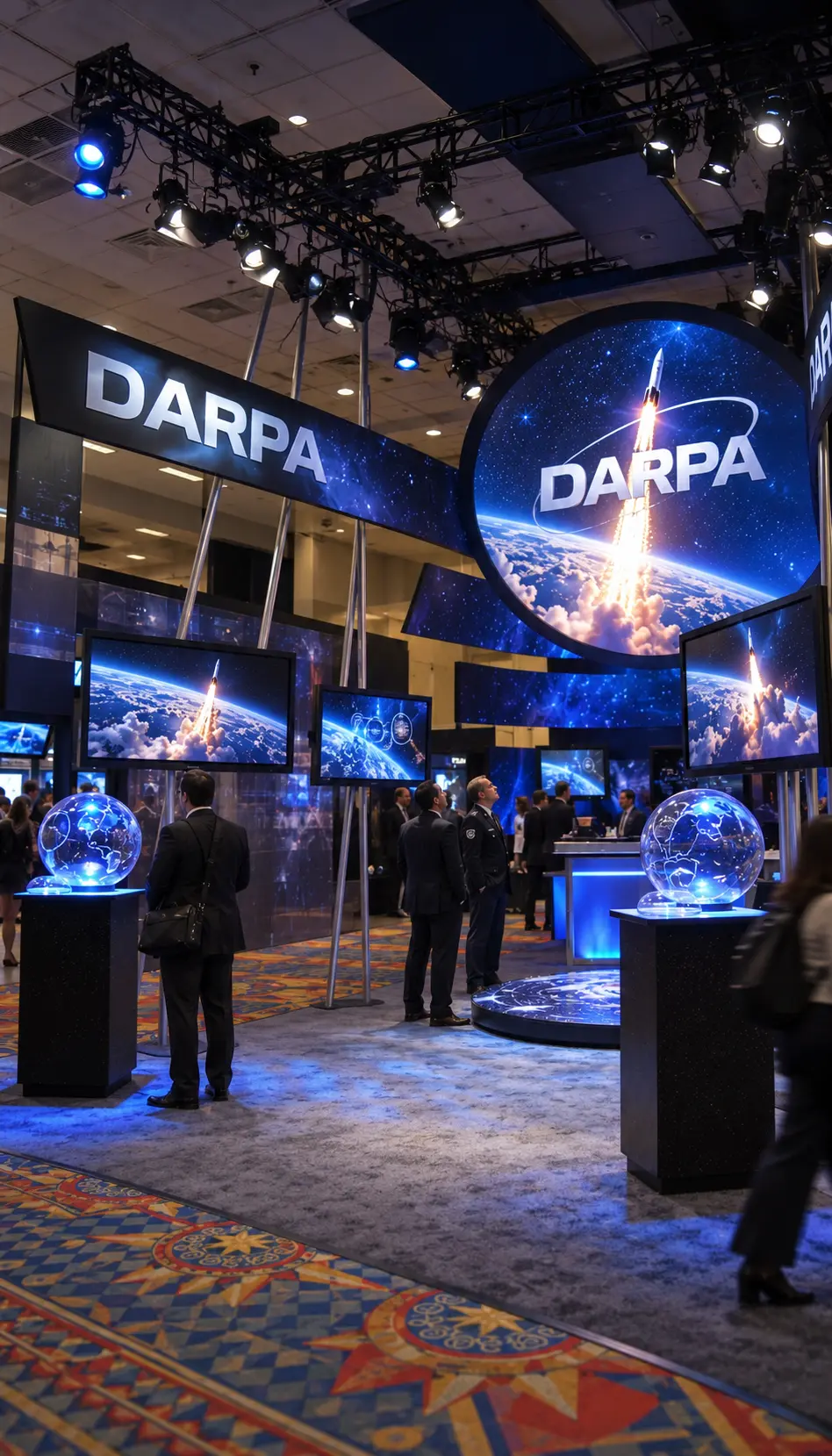 Blue-lit convention booth environment