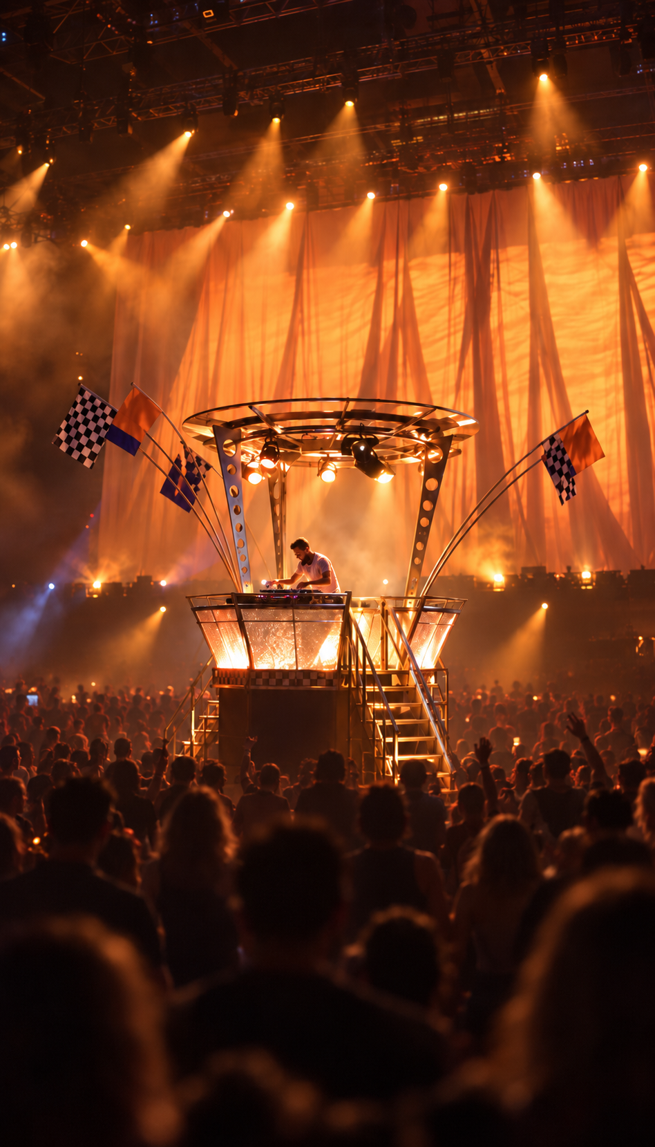 DJ performing on an illuminated stage before a crowd