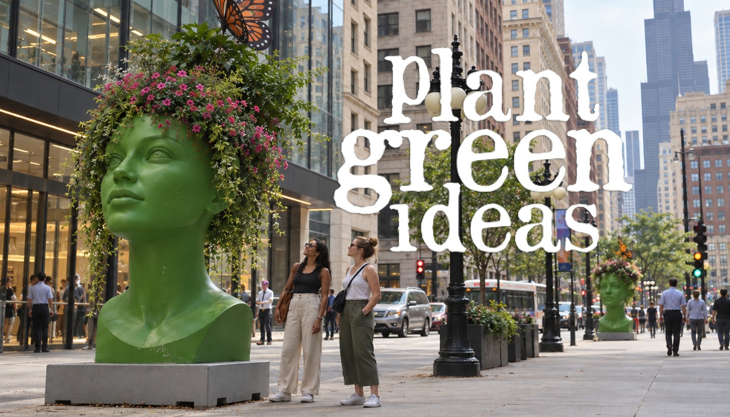 Sculptural head sprouting flowers on a city sidewalk